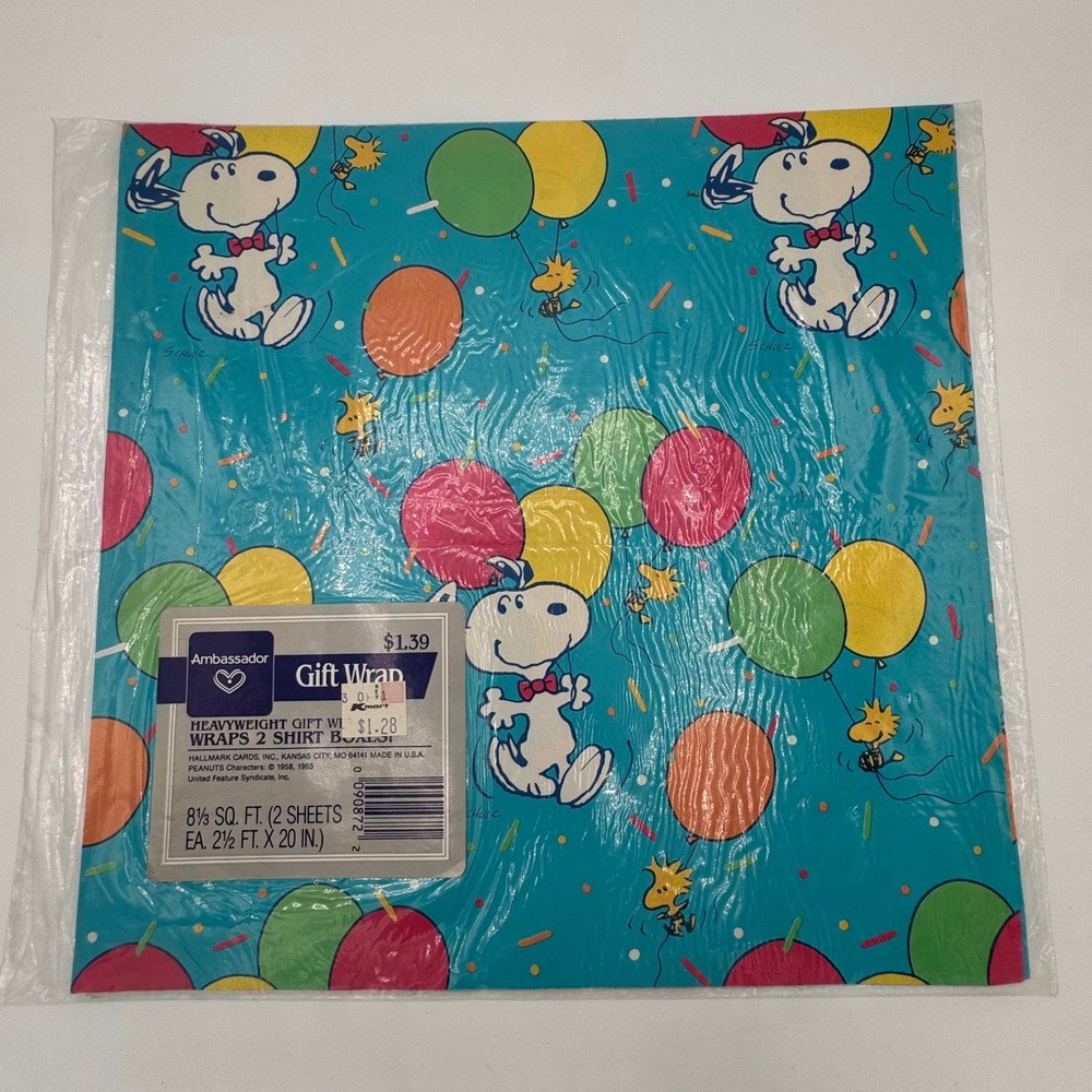 Vintage Snoopy Peanuts Birthday Gift Wrap Ambassador Hallmark Balloons 2 Sheets